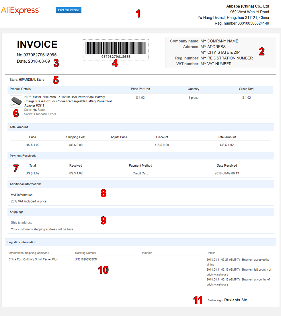 Ali Invoice - Single Invoice Sample