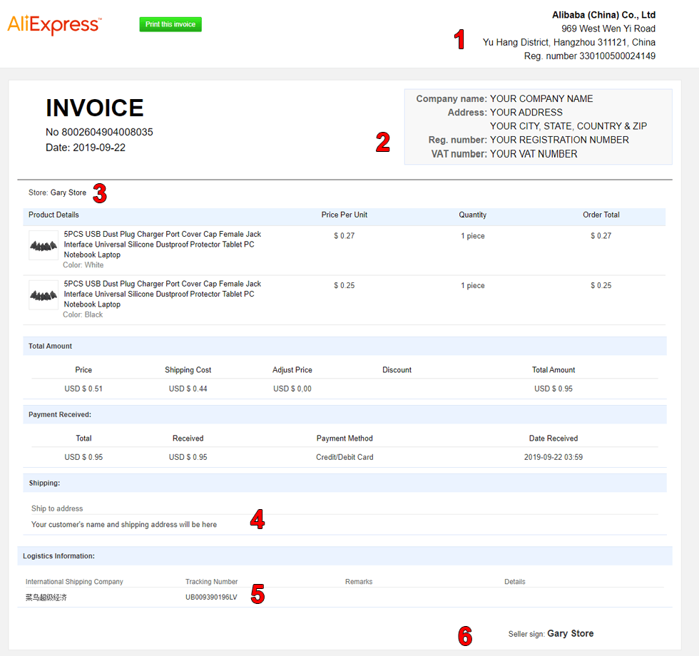 Ali Invoice FREE - Single Invoice Sample