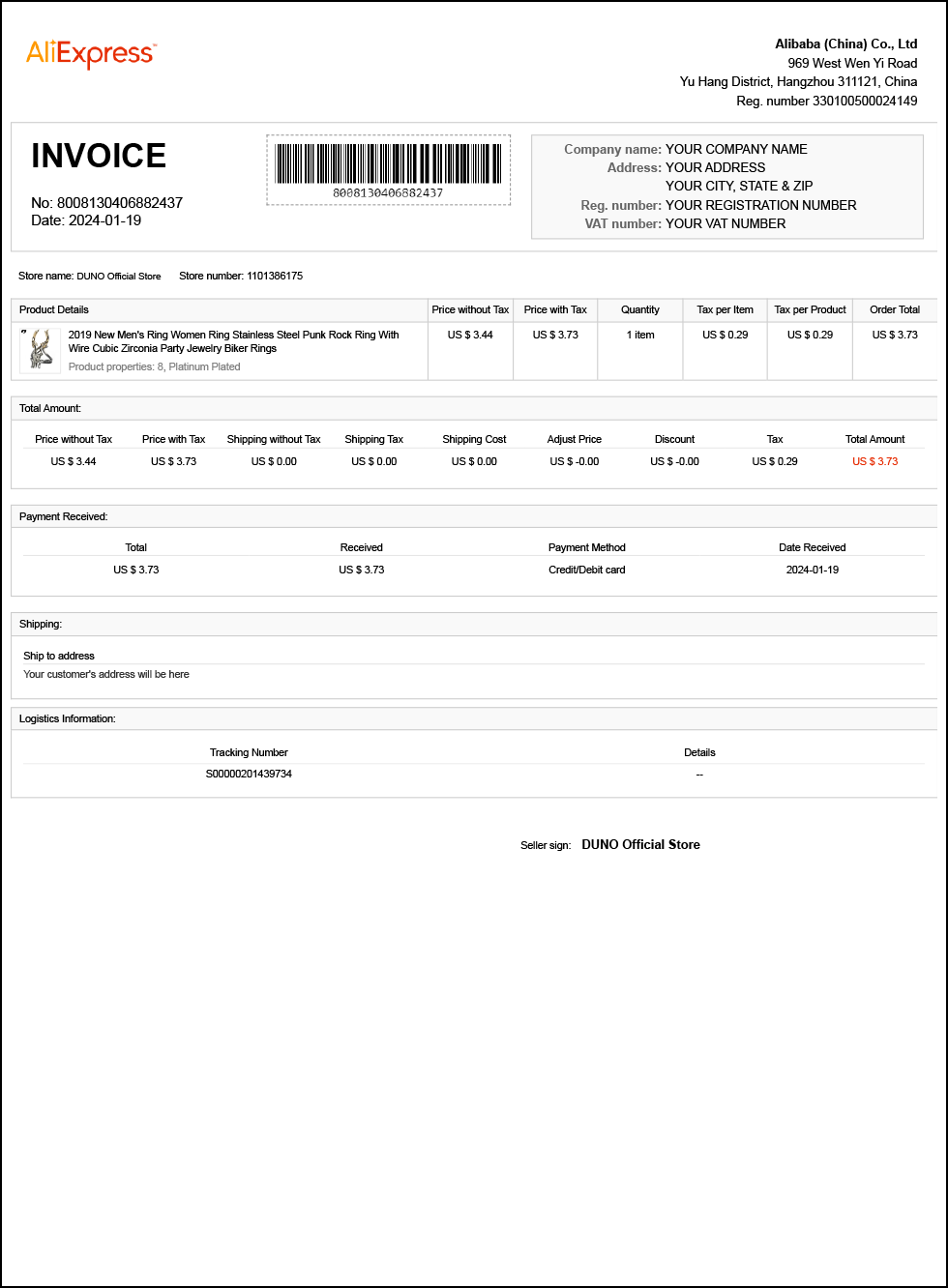 Single Invoice example