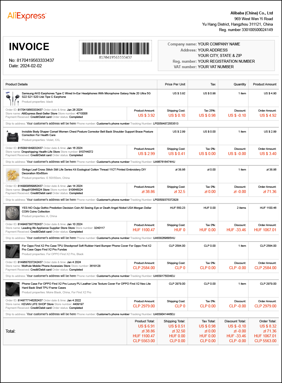 Bulk Invoice example page